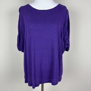 Chicos‎ 3 Top Womens XL Purple Ruched Short Sleeve 100% Linen Lightweight Knit